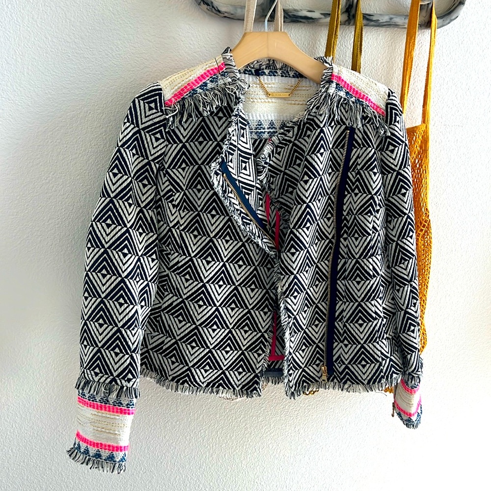 Trina Turk multicolor tweed jacket with fringe